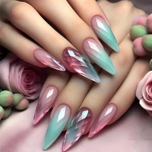 Pink Blue Gradient Stiletto Press-On Nails, Crystal Cut Design press on nails wholesale OEM custom