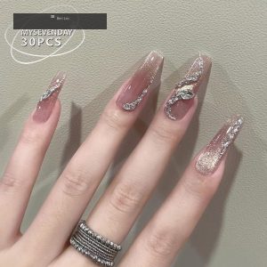 Silver Diamond Flow Line Gradient Nude Pink Long Press-On Nails press on nails wholesale OEM custom