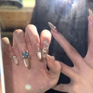 Transparent Base Blue Sapphire Silver Diamond 3D Press-On Nails press on nails wholesale OEM custom