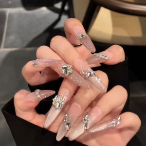 Transparent Gradient Long Stiletto with 3D Rhinestone Press-On Nails press on nails wholesale OEM custom