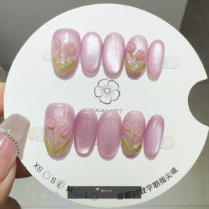 Pink Cat Eye Base with 3D Tulip Flower Press-On Nails press on nails wholesale OEM custom