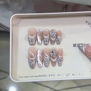 Nude Pink Base Full Silver Diamond + Cat Eye Polka Dot Press-On Nails press on nails wholesale OEM custom