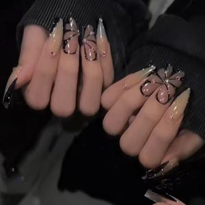 Black Transparent Butterfly 3D Rhinestone Press-On Nails press on nails wholesale OEM custom