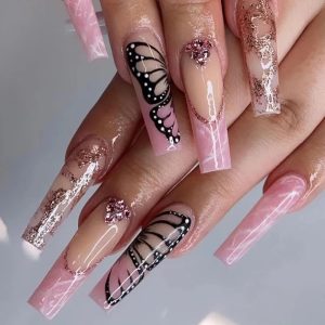 Pink Gradient with Black Butterfly & Rhinestone 3D Flower Press-On Nails press on nails wholesale OEM custom