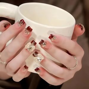 Red White Gradient Base 3D Flower & Rhinestone Press-On Nails press on nails wholesale OEM custom