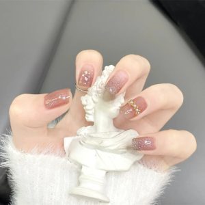 Pink Brown Gradient Rhinestone Glitter Press-On Nails, Elegant press on nails wholesale OEM custom