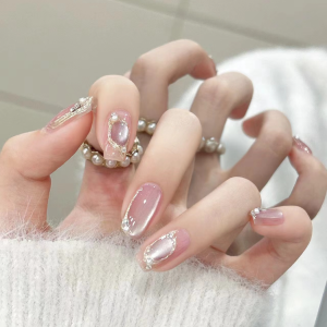 Pink Transparent Cat Eye Gold Edge Pearl Press-On Nails press on nails wholesale OEM custom
