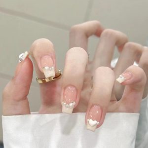 Cream White Base Pearl 3D Heart & Rhinestone Press-On Nails press on nails wholesale OEM custom
