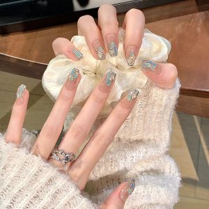 Transparent Base Blue Silver Rhinestone Glitter Press-On Nails press on nails wholesale OEM custom