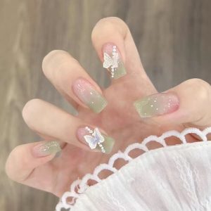 Gradient Green Pink 3D Butterfly Pearl Press-On Nails press on nails wholesale OEM custom