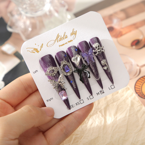 Purple Gradient Glitter 3D Butterfly Skull Press-On Nails press on nails wholesale OEM custom