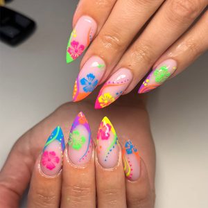 Neon Contrast Floral Stiletto Press-On Nails Summer Vibes press on nails wholesale OEM custom