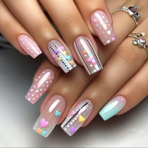 Pink Heart Polka Dot Stripe 3D Press-On Nail Design press on nails wholesale OEM custom