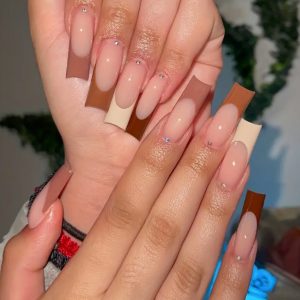 Dual-Color French Long Coffin Press-On Nails Micro Diamond press on nails wholesale OEM custom