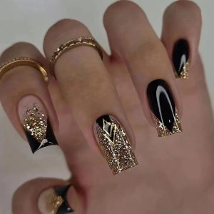 Black Gold Contrast Glitter Geometric Press-On Nails press on nails wholesale OEM custom