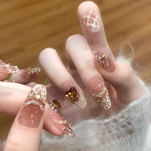Gold Brown Grid Rhinestone 3D Press-On Nails Luxury press on nails wholesale OEM custom