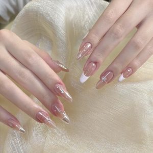 Nude Base White Bow Polka Dot French Press-On Nails press on nails wholesale OEM custom
