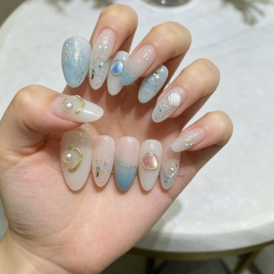 Blue White Gradient Pearl Shell Gold Foil Nails press on nails wholesale OEM custom