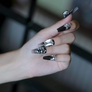 Black Base Rhinestone 3D Flower Nails Dark Luxe press on nails wholesale OEM custom