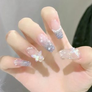 Silver Grey Gradient Rhinestone 3D Butterfly Nails press on nails wholesale OEM custom