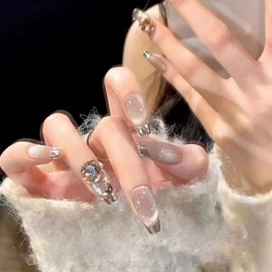 Silver Grey Cat Eye Magnetic Metal French 3D Nails press on nails wholesale OEM custom