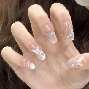 Transparent Silver Butterfly 3D Flower Diamond Nails press on nails wholesale OEM custom