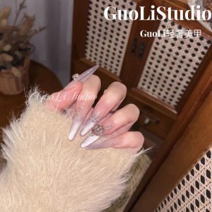 Gradient Purple Silver Cat Eye 3D Rhinestone Nails press on nails wholesale OEM custom