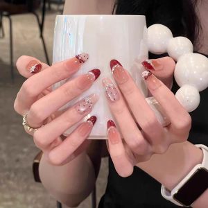 Red White Gradient French 3D Flower Rhinestone Nails press on nails wholesale OEM custom