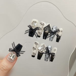 Black White Bow Rhinestone Press-On Nails Elegant press on nails wholesale OEM custom