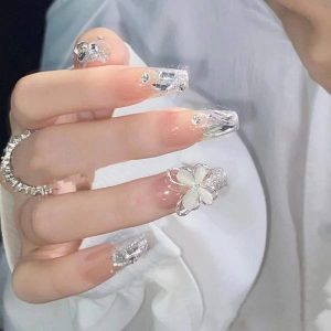 Transparent Base Diamond Silver Edge Clover 3D Nails press on nails wholesale OEM custom