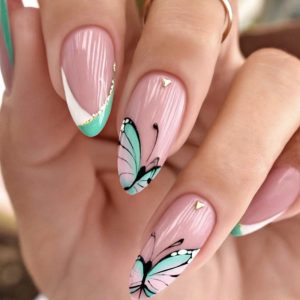 Pink Base Butterfly Hand-Painted French Green Edge Gold Line Press-On Nails press on nails wholesale OEM custom