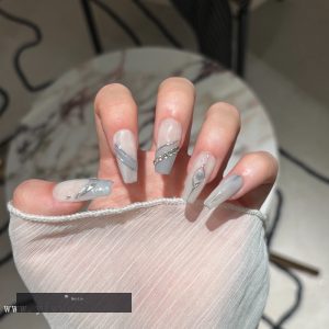 Grey White Gradient Silver Line Rhinestone Press-On Nails press on nails wholesale OEM custom