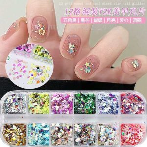Y2K Glitter 12-Grid Mix Press-On Nail Set with Star Moon Butterfly press on nails wholesale OEM custom