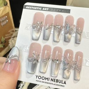 Pink Silver Gradient Cat Eye with Silver 3D Bow Press-On Nails press on nails wholesale OEM custom