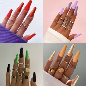 Glitter Flash Long Coffin Press-On Nails with Stacking Rings press on nails wholesale OEM custom