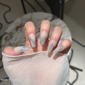 Grey White Gradient Silver Line Rhinestone Press-On Nails press on nails wholesale OEM custom